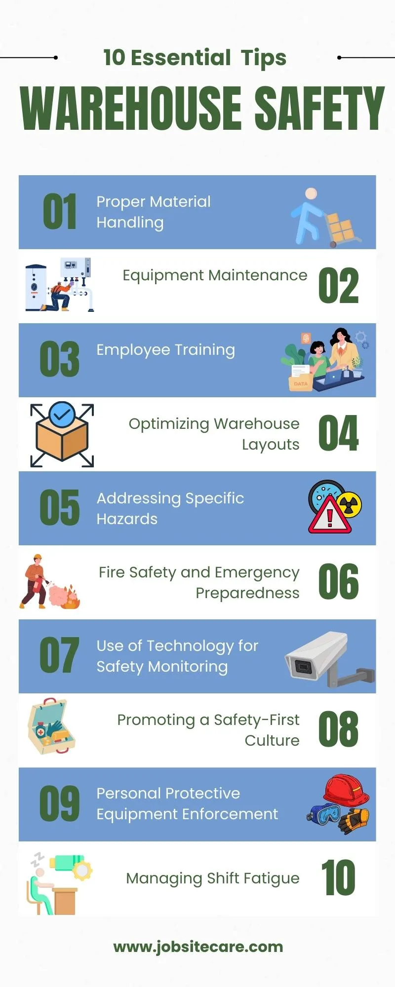 Infographic illustrating 10 essential warehouse safety tips.