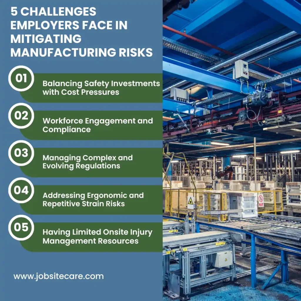 Infographic illustrating the 5 challenges employers face in mitigating manufacturing risks